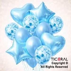 SET DE GLOBOS METALIZADOS ESTRELLA CORAZON CONFETI Y LATEX CELESTE x 14 UNIDADES